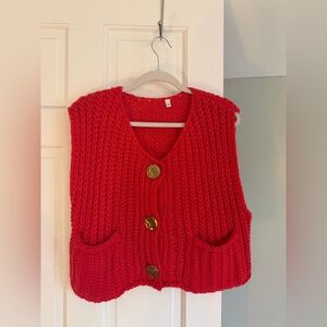 Red Chunky Knit Button-Front Sweater Vest with Gold buttons